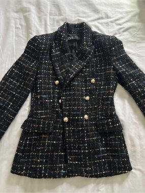 Zara Black Tweed Double-Breasted Blazer with Gold Buttons and Multicolor Flecks